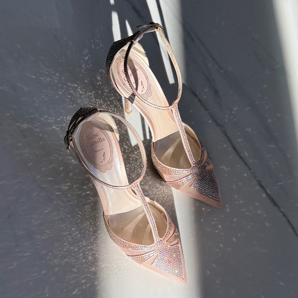 Rene Caovilla Blush Pink Crystal T-Strap Pointed Toe Stilettos